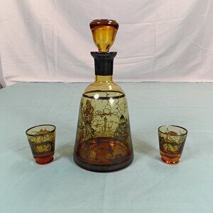 E3-7 Venetian Amber Glass Decanter and Glasses